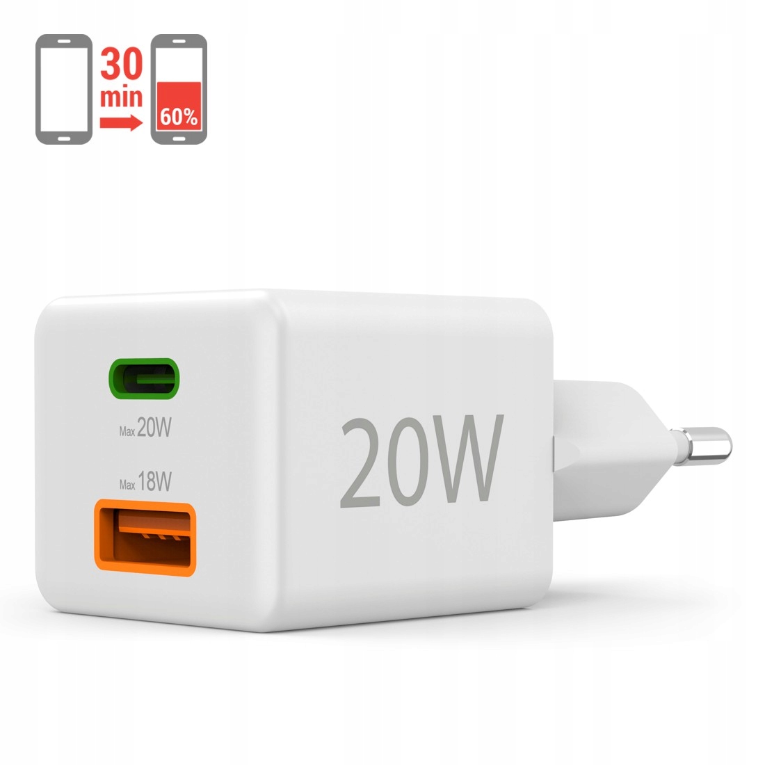 Hama MINI sieťová nabíjačka 20W, rýchle nabíjanie, USB-A port, USB-C biely